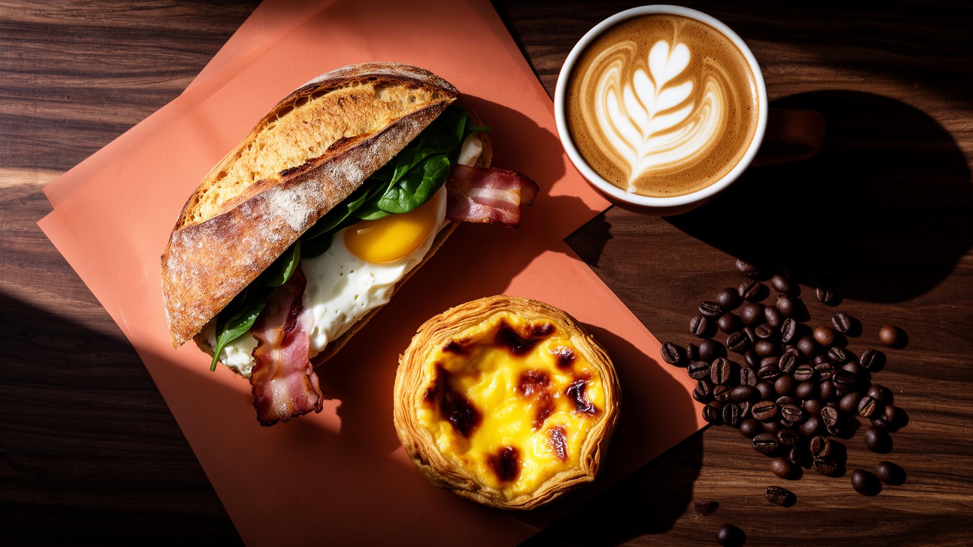Bacon & egg sandwich, custard tart and latte on a wood table