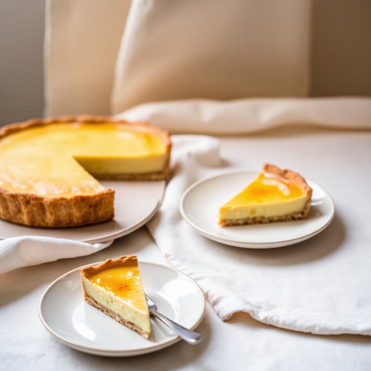 Custard tart on a ceramic plate